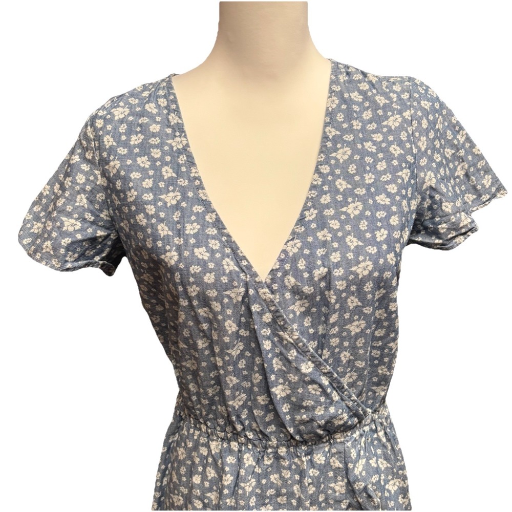 J. Crew Mercantile Floral Printed Chambray Faux Wrap Ruffle Dress Size XS - Picture 3 of 8